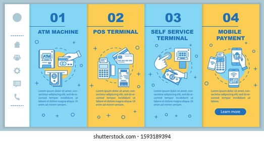 Payment onboarding mobile web pages vector template. ATM machine. POS terminal. Responsive smartphone website interface idea with linear illustrations. Webpage walkthrough step screens. Color concept