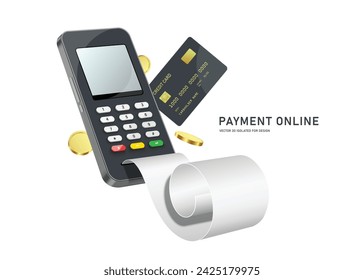 payment online ,banking online ,receipt or invoice paper flows out of credit card reader on smartphone screen. and there were credit cards or ATM cards and gold coins or dollars around, vector 3d