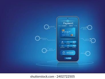 Payment Online banking, unlock, login, protection, Smart wallet with an application for payment by credit and debit cards. Gadget of future, smartphone payment technology. Online payment, security.