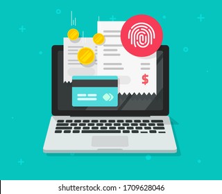 Payment online bills via credit card and touch fingerprint id on laptop computer or electronic digital paying concept on pc via thumbprint on pc notebook vector flat, transaction invoice receipt