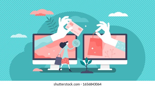 Payment online concept, flat tiny person vector illustration. Shopping on the internet and purchasing goods with a card. Digital e-commerce market economy. Computer screens with hands and customer.