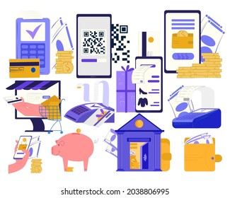 Concepto de pago en línea, aislado en la ilustración de vector de juego blanco, monedas de dinero, aplicación de banco de internet, tarjeta de visita y terminal.