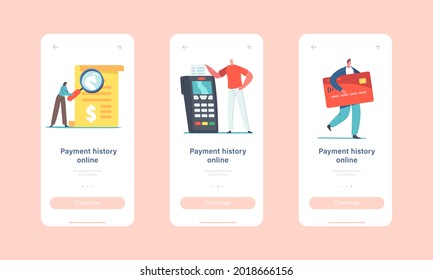 Payment Online History Mobile App Page Onboard Screen Template. Tiny Characters Read Bill at Huge Card Reader Machine or Pos Terminal. Contactless Tech Concept. Cartoon People Vector Illustration svg