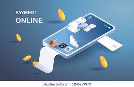 payment online on mobile phone Online shopping sell buy Bill and card money flat isometric vector concept banking.