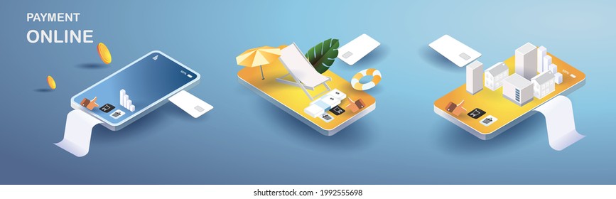 payment online on mobile phone Online shopping sell buy Bill and card money flat isometric vector concept banking.summer
