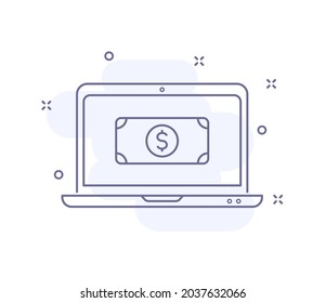 payment online outline vector illustration isolated on white. laptop with dollar purple line icon with light pink background and decorations. for web and ui design, mobile apps and print polygraphy