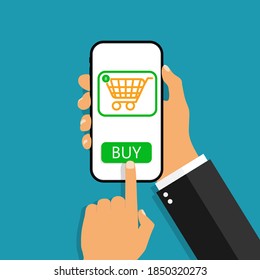 Payment online from phone. Buy from credit wallet in mobile. Virtual money in smartphone. Button purchase in cellphone. Wireless contactless pay service in shop. Device in hand for transaction. Vector