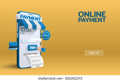 Payment online service on smartphone mobile with a hand push pay button and the bill comes out. E-commerce online payment by credit card.