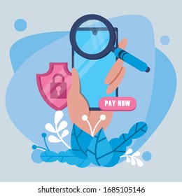 payment online technology with smartphone and magnifying glass vector illustration design