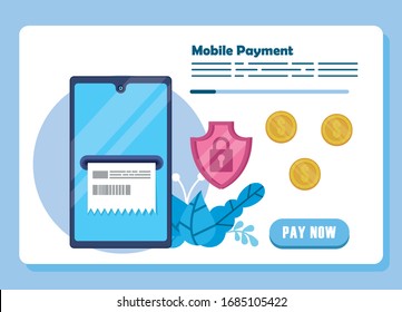 payment online technology with smartphone and shield vector illustration design