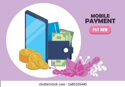 tecnología de pago en línea con el diseño de ilustración de smartphones y monederos vectoriales