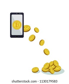Payment online via smartphone crypto currency. The concept of bitcoins brings profit. Payments, purchases, sales and investments. Global interactions with crypto money via phone online