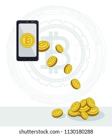 Payment online via smartphone crypto currency. The concept of bitcoins brings profit. Payments, purchases, sales and investments. Global interactions with crypto money via phone online