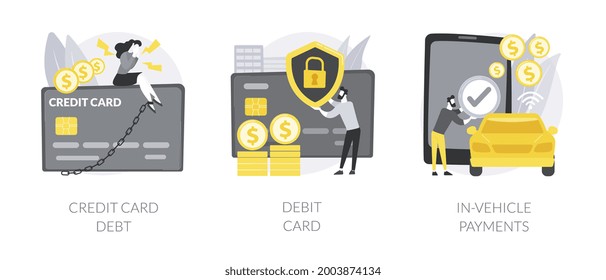 Payment options abstract concept vector illustration set. Credit and debit card, in vehicle payments, e-commerce and online shopping, drive-through purchase, plastic money abstract metaphor.
