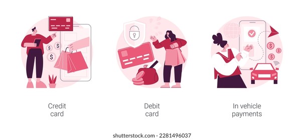 Payment options abstract concept vector illustration set. Credit and debit card, in vehicle payments, e-commerce and online shopping, drive-through purchase, plastic money abstract metaphor.