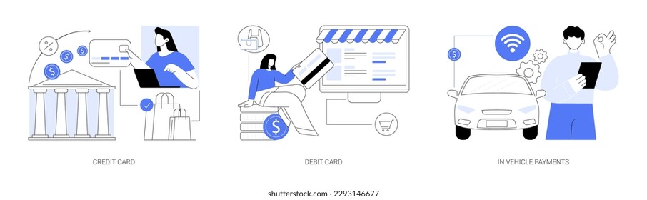 Payment options abstract concept vector illustration set. Credit and debit card, in vehicle payments, e-commerce and online shopping, drive-through purchase, plastic money abstract metaphor.