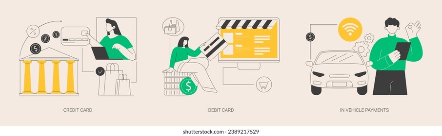 Payment options abstract concept vector illustration set. Credit and debit card, in vehicle payments, e-commerce and online shopping, drive-through purchase, plastic money abstract metaphor.