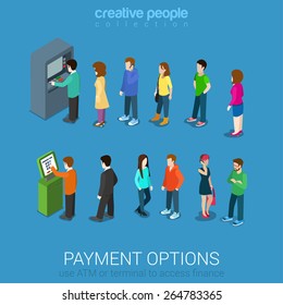 Payment Options Banking Finance Money Flat 3d Web Isometric Infographic Vector. Line Of Casual Young Modern Men Women Waiting ATM And Terminal. Creative People Collection. 