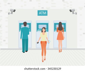 Payment options banking finance money, Businessman and woman doing ATM machine money deposit or withdrawal, conceptual vector illustration.