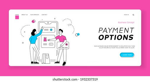 Plantilla de banner de opciones de pago. Ilustración vectorial de una mujer y un hombre lineales con tarjeta de crédito eligiendo prendas en aplicación en smartphone y pagando por ropa en línea