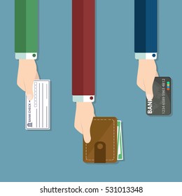 Payment options concept. Hands holds wallet with cash, credit debit card and bank check.