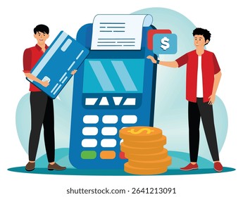 Payment options concept. Two people engaging in digital payment with a POS terminal, card, and monetary symbols.
