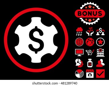 Payment Options icon with bonus. Vector illustration style is flat iconic bicolor symbols, red and white colors, black background.