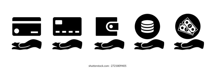 Payment options icon set. Salary icons. Vector flat black icons isolated on white background.