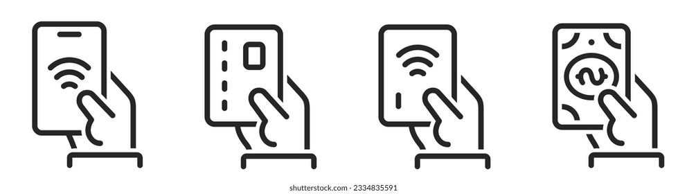 Payment options icons set. NFC payment with mobile phone, debit-credit card, NFC payment and cash. Pay symbol line icon set - stock vector.