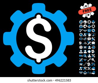 Payment Options pictograph with bonus tools symbols. Vector illustration style is flat iconic bicolor symbols, blue and white colors, black background.