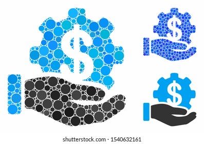 Payment options service hand mosaic of circle elements in variable sizes and color tinges, based on payment options service hand icon. Vector circle elements are combined into blue composition.