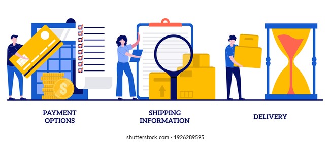 Zahlungsoptionen, Versandinformationen, Lieferkonzept mit kleinen Personen. Online-Shopping abstrakter Vektorgrafik-Set. Internet Store kaufen e-pay Metapher.