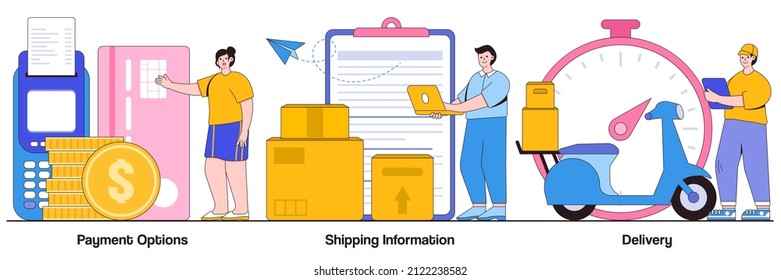 Payment options, shipping information, delivery concept with people character. Online shopping abstract vector illustration set. Internet store purchase e paying, order shipment metaphor.