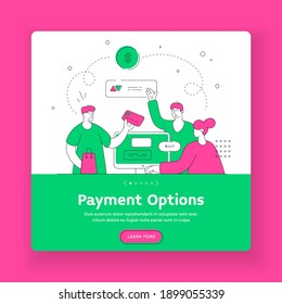 Plantilla de banner cuadrado de opciones de pago. Personajes de caricatura que hacen pagos en línea con tarjeta de crédito usando computadora para comprar en línea juntos. Ilustración de estilo plano, diseño de arte de línea delgada