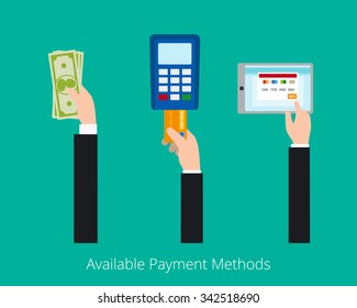 Payment options vector concept. Card, cash and electonic payment. 