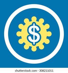 Payment options vector icon. This rounded flat symbol is drawn with yellow and white colors on a blue background.