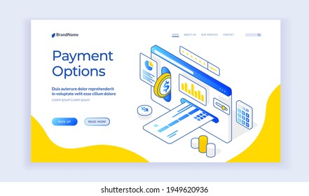 Payment options. Vector isometric illustration of credit card and coin inserted in website page. Web banner, landing page template