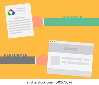 Payment order. Customer and performer. Deal and agreement, business worker, client and selling professional, buy and piecework, page for web, finance sale, work and purchase illustration