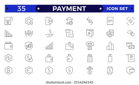 Payment outline icon set. Business and finance payment collection with money, banking, credit card, exchange, cash and transaction icon.
