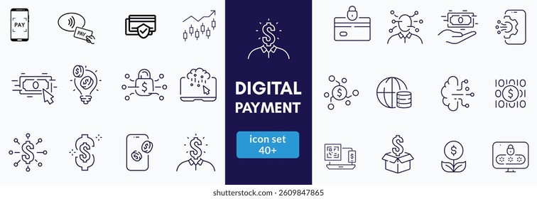 Payment outline icon set. Business and finance payment collection with money, banking, credit card, exchange, cash, and transaction icon. Editable stroke outline icon