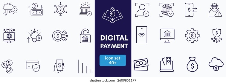 Payment outline icon set. Business and finance payment collection with money, banking, credit card, exchange, cash, and transaction icon. Editable stroke outline icon