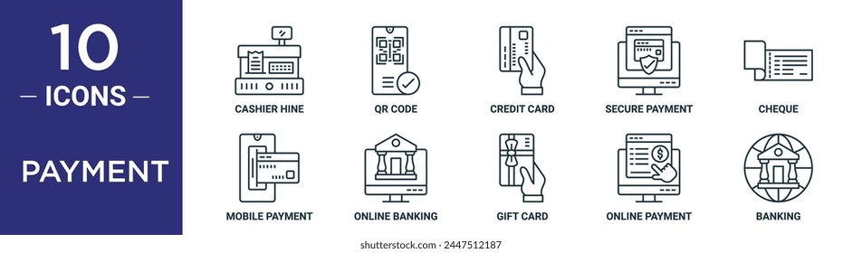 payment outline icon set includes thin line cashier hine, qr code, credit card, secure payment, cheque, mobile payment, online banking icons for report, presentation, diagram, web design