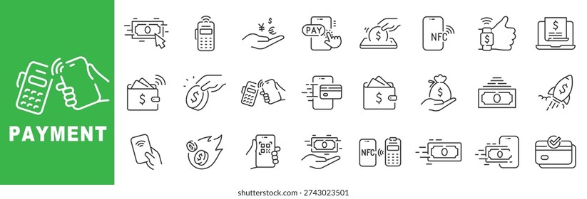 Payment outline icons featuring contactless NFC, mobile wallet, POS terminal, online checkout, secure transactions, currency transfer, editable stroke design set.