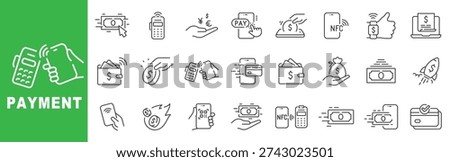 Payment outline icons featuring contactless NFC, mobile wallet, POS terminal, online checkout, secure transactions, currency transfer, editable stroke design set.