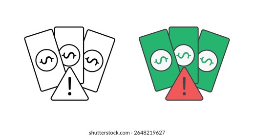 Payment overdue warning icon with alert symbol and money icon, ideal for finance alerts, BNPL tracking, and overdue payment illustrations.