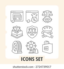 Página de pago, escala, neumático conjunto de iconos simples incluyendo análisis, ley, seguridad, elementos del navegador en estilo de contorno para los App de Web e imprimir sobre fondo blanco. Gráficos de Vector. Conjunto de nueve iconos de línea delgada