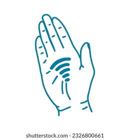 Payment with palms, linear illustration on the topic of cashless payment.