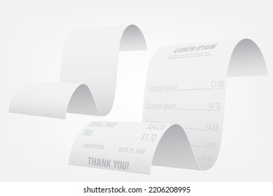 Payment paper bill 3d for cash, online shopping, bill online payment, or credit card. 3d curved long bill from the supermarket, Purchase invoice, cash receipt. Payment of utility, bank, restaurant.