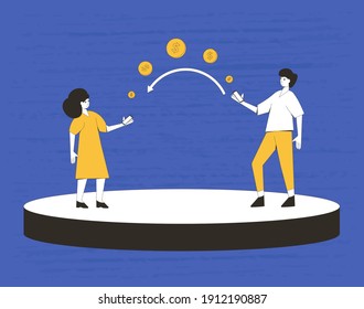 Payment with phone concept. Online finance transaction service. Two people with mobile and digital money. Line art flat vector illustration. 