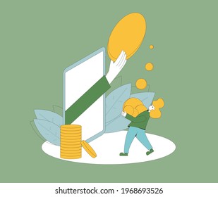 Payment with phone concept. Online finance transaction service. Digital currency. Man with mobile and digital money. Line art flat vector illustration. 